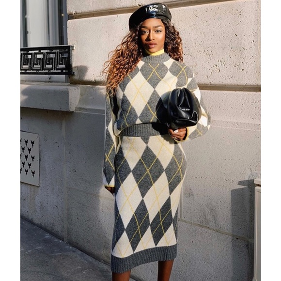 H\u0026M Sweaters | Nwt H\u0026M 2 Piece Jacquard Knit Sweater Skirt Set | Color: Gray/White | Size: S | Helena90275's Closet